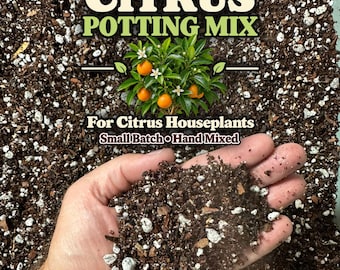 May include: Citrus potting mix for citrus houseplants, small batch and hand mixed. The dark brown soil contains white perlite particles. Text reads: CITRUS POTTING MIX, For Citrus Houseplants, Small Batch, Hand Mixed, with a citrus tree graphic.