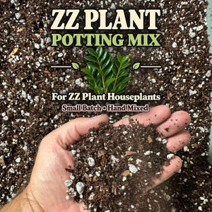 May include: A dark brown potting mix with white perlite particles. Text reads: ZZ PLANT POTTING MIX, For ZZ Plant Houseplants, Small Batch Hand Mixed. A small green ZZ plant sprig is centered above the text, and a handful of soil is shown.