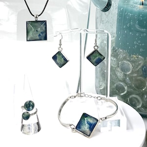 Handmade Resin Jewelry Set, Blue Green Swirl Pendant Necklace, Drop Earrings, Bangle, Ring (Silver Tone) image 1
