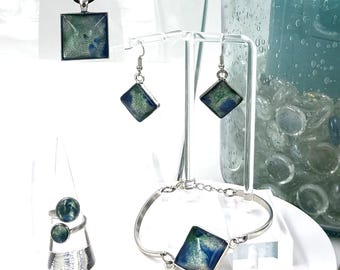 Handmade Resin Jewelry Set, Blue Green Swirl Pendant Necklace, Drop Earrings, Bangle, Ring (Silver Tone)