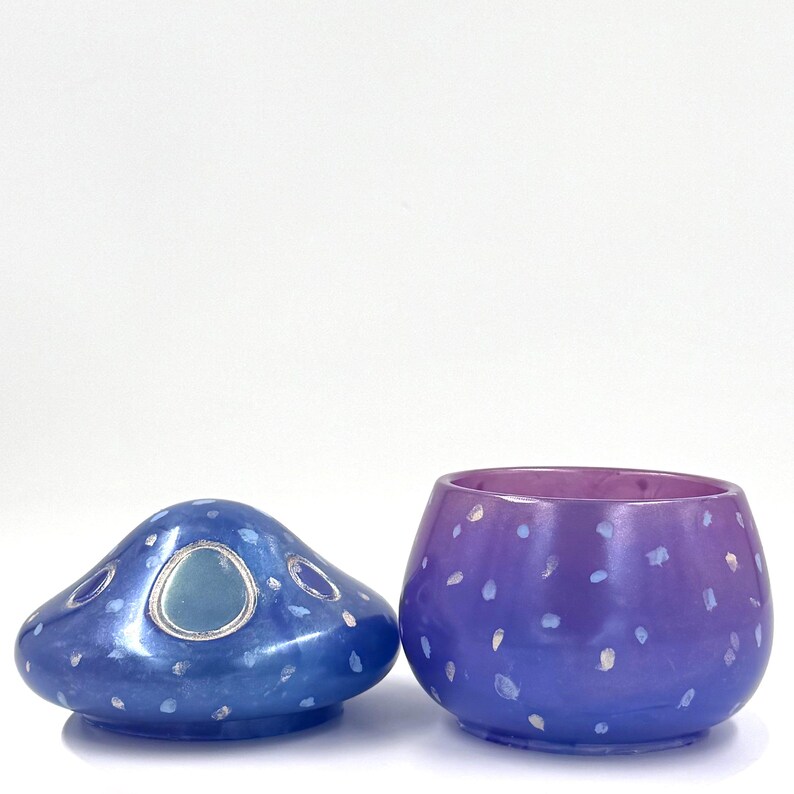 Misty Meadow Mushroom Resin Trinket Box, Blue and Purple Lidded Container, Whimsical Cottagecore Jewelry Storage image 6