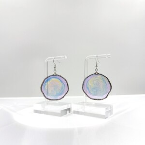 Pastel Swirl Resin Disc Earrings, Pearlescent Lilac Blue Dangles, Organic Silver Frame image 2