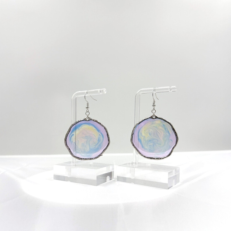 Pastel Swirl Resin Disc Earrings, Pearlescent Lilac Blue Dangles, Organic Silver Frame image 2