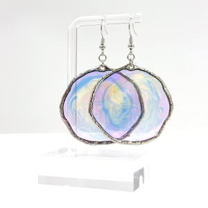 Pastel Swirl Resin Disc Earrings, Pearlescent Lilac Blue Dangles, Organic Silver Frame image 1
