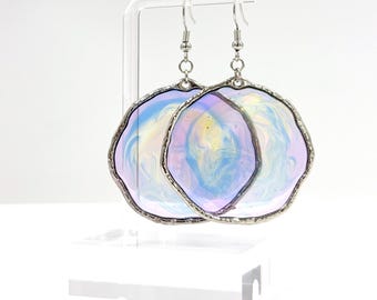 Pastel Swirl Resin Disc Earrings, Pearlescent Lilac Blue Dangles, Organic Silver Frame