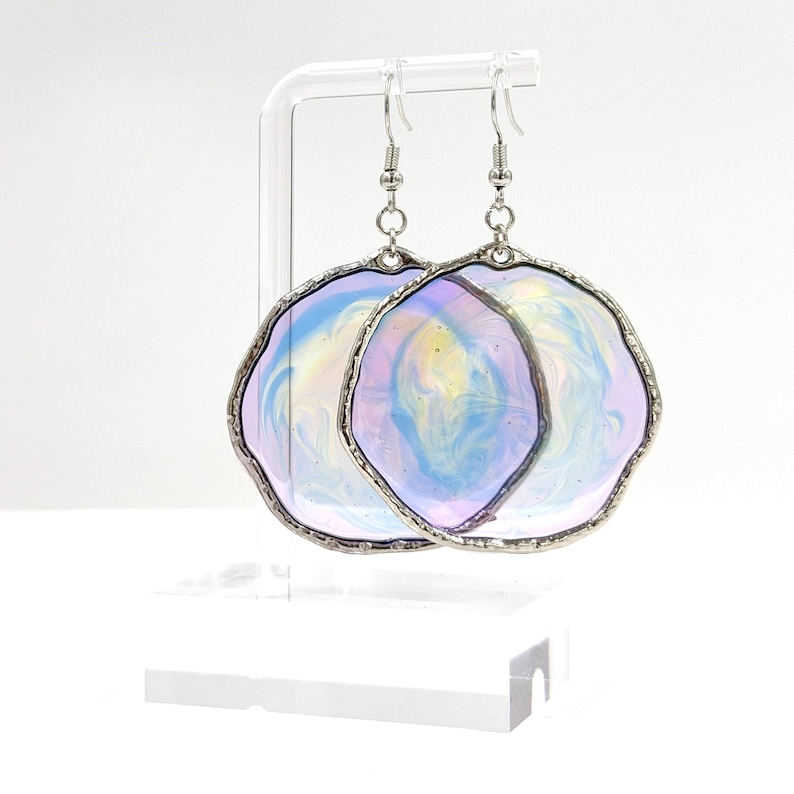 Pastel Swirl Resin Disc Earrings, Pearlescent Lilac Blue Dangles, Organic Silver Frame image 1