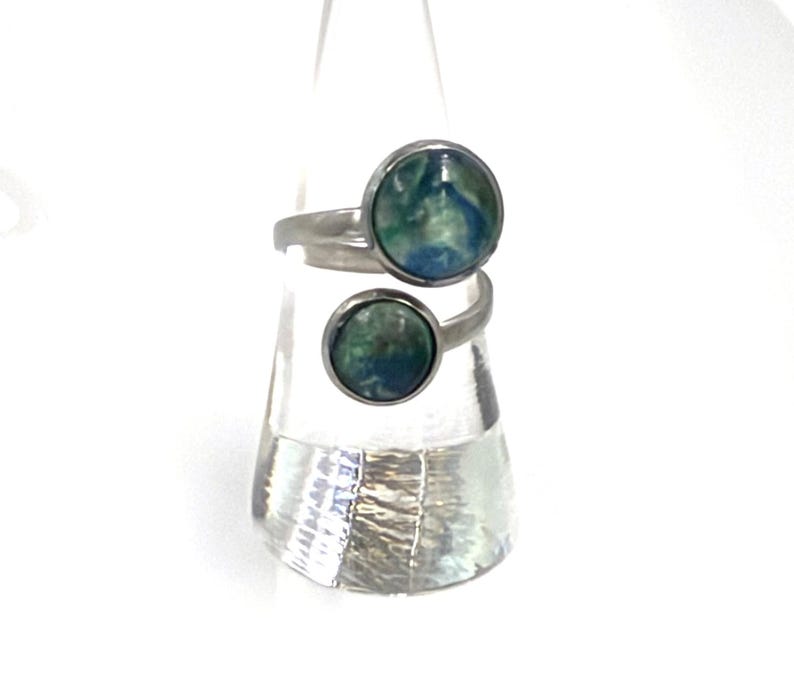 Handmade Resin Jewelry Set, Blue Green Swirl Pendant Necklace, Drop Earrings, Bangle, Ring (Silver Tone) image 2