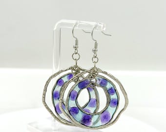 Handmade Resin Hoop Earrings, Aqua Violet Dots, Hammered Silver Tone (Custom Colors)