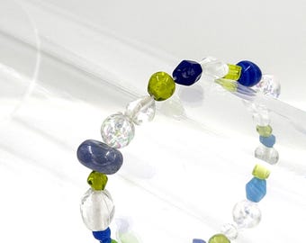 Beachy Blue, Lime and Clear Mixed Glass Bead Bracelet, Colorful Stretch Stackable Bracelet,