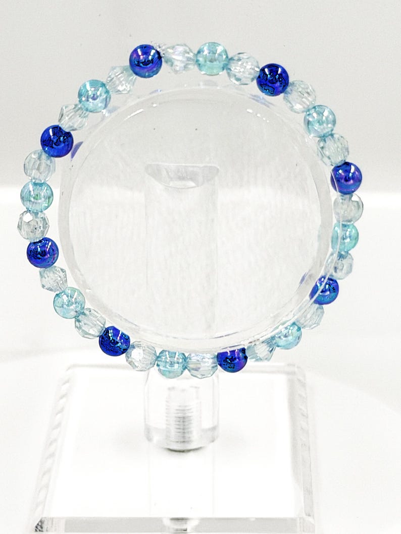 Aqua and Cobalt Faceted Bead Bracelet, Iridescent Stretch Bracelet, Sparkly Icy Blue Stackable image 2