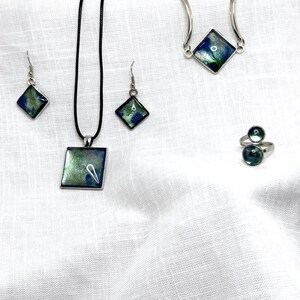 Handmade Resin Jewelry Set, Blue Green Swirl Pendant Necklace, Drop Earrings, Bangle, Ring (Silver Tone) image 6