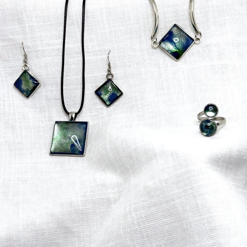 Handmade Resin Jewelry Set, Blue Green Swirl Pendant Necklace, Drop Earrings, Bangle, Ring (Silver Tone) image 6
