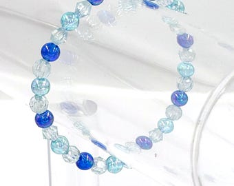 Aqua and Cobalt Faceted Bead Bracelet, Iridescent Stretch Bracelet, Sparkly Icy Blue Stackable