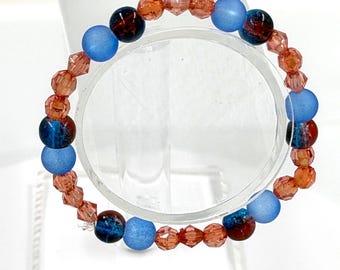 Coral Blue Beaded Bracelet, Frosted Two-Tone Acrylic Glass Stretch Bracelet