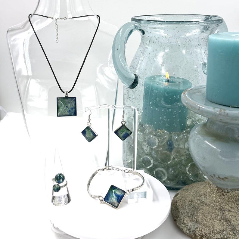 Handmade Resin Jewelry Set, Blue Green Swirl Pendant Necklace, Drop Earrings, Bangle, Ring (Silver Tone) image 1