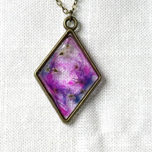 Pressed Flower Resin Pendant Necklace, Diamond Shape, Brass Tone Floral Jewelry image 1