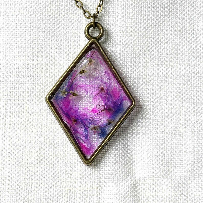 Pressed Flower Resin Pendant Necklace, Diamond Shape, Brass Tone Floral Jewelry image 1