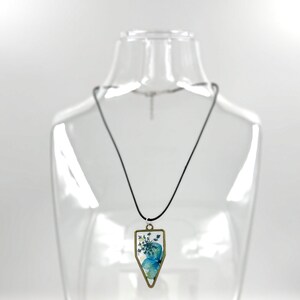 Pressed Blue Flower Pendant Necklace, Shield Shape Resin Botanical Pendant, Brass Tone Nature Jewelry image 3