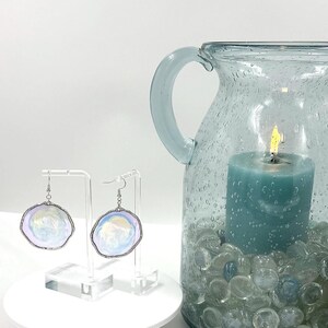 Pastel Swirl Resin Disc Earrings, Pearlescent Lilac Blue Dangles, Organic Silver Frame image 3