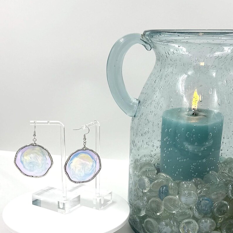 Pastel Swirl Resin Disc Earrings, Pearlescent Lilac Blue Dangles, Organic Silver Frame image 3
