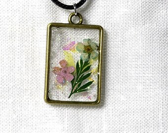 Pressed Fern & Bloom Resin Pendant, Brass Tone Rectangle Nature Jewelry