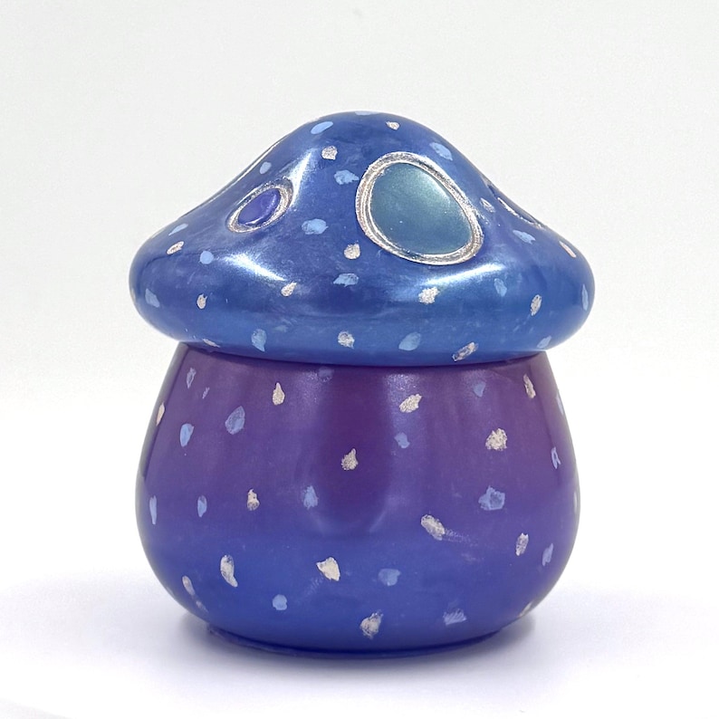 Misty Meadow Mushroom Resin Trinket Box, Blue and Purple Lidded Container, Whimsical Cottagecore Jewelry Storage image 1