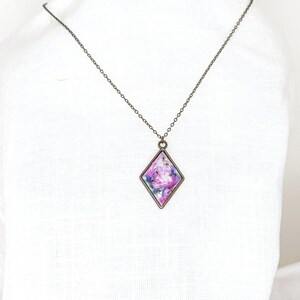 Pressed Flower Resin Pendant Necklace, Diamond Shape, Brass Tone Floral Jewelry image 2
