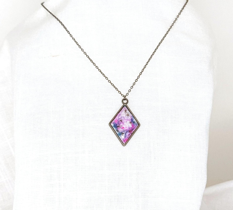 Pressed Flower Resin Pendant Necklace, Diamond Shape, Brass Tone Floral Jewelry image 2