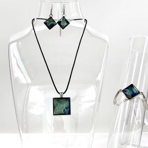 Handmade Resin Jewelry Set, Blue Green Swirl Pendant Necklace, Drop Earrings, Bangle, Ring (Silver Tone) image 7