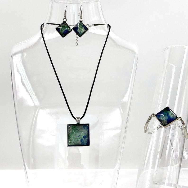 Handmade Resin Jewelry Set, Blue Green Swirl Pendant Necklace, Drop Earrings, Bangle, Ring (Silver Tone) image 7