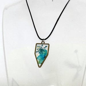 Pressed Blue Flower Pendant Necklace, Shield Shape Resin Botanical Pendant, Brass Tone Nature Jewelry image 1
