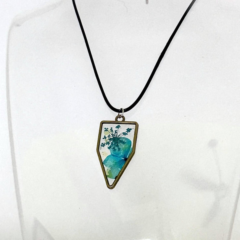 Pressed Blue Flower Pendant Necklace, Shield Shape Resin Botanical Pendant, Brass Tone Nature Jewelry image 1