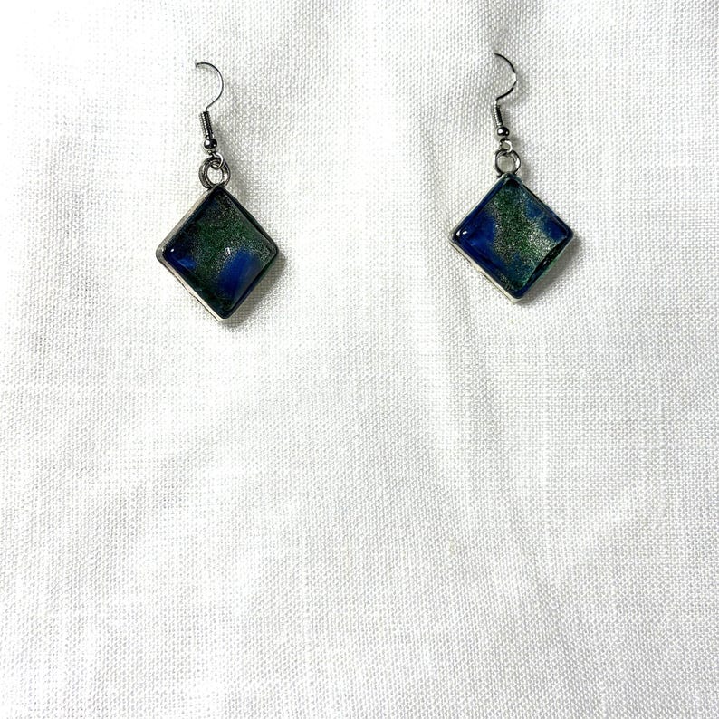 Handmade Resin Jewelry Set, Blue Green Swirl Pendant Necklace, Drop Earrings, Bangle, Ring (Silver Tone) image 4