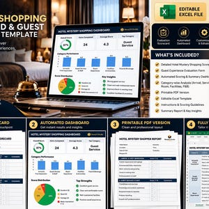 May include: A digital hotel mystery shopping scorecard and guest experience template displayed on a laptop screen, featuring an automated dashboard, evaluation forms, and printable PDF versions with detailed criteria for hospitality assessment.