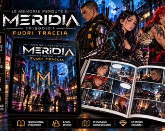 Può includere: Un fumetto digitale intitolato Le Memorie Perdute di Meridia Episodio 1 Fuori Traccia, visualizzato su un tablet e un libro aperto. La copertina mostra una città futuristica notturna con tre personaggi e un gatto in stile cyberpunk.