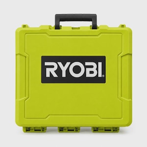 May include: A lime green, rectangular, hard-shell storage case with a black top handle. The front features a black rectangular label with the white text RYOBI printed in the centre. The case has a moulded, textured surface with reinforced corners.