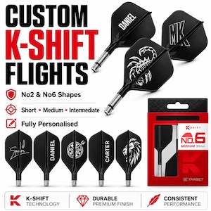 May include: Black dart flights featuring custom white designs such as names, a scorpion, a lion, and a dartboard. The range includes No2 and No6 shapes in short, medium, and intermediate lengths. A red and black box shows the No6 medium 33mm size.
