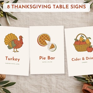 Tischschilder für Thanksgiving, 8 bearbeitbare Speisenetiketten, Schild für die Kuchenbar, Schilder für das Friendsgiving-Buffet, moderne Herbst-Canva-Vorlage