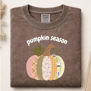 Comfort Colors pumpkin Season T-shirt ,Autumn Fall Thanksgiving Tee, Vintage Spooky Patchwork Top
