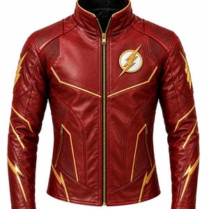 May include: A dark red leather jacket featuring a high collar, a full-length gold zipper, and gold lightning bolt accents on the sleeves and torso. A circular white emblem with a gold lightning bolt is positioned on the upper left chest area.