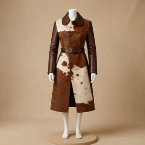May include: A long coat featuring a brown and white cowhide pattern on the front panels and solid dark brown leather sleeves. The garment includes a pointed collar, a front button closure, and a matching brown leather belt with a metal buckle.