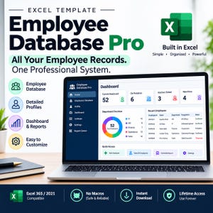 Könnte beinhalten: Ein Laptop zeigt das Dashboard der Excel-Vorlage Employee Database Pro mit Diagrammen und Mitarbeiterdatensätzen. Der Text umfasst Excel Template, Employee Database Pro, All Your Employee Records, One Professional System und Built in Excel.