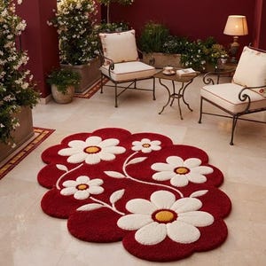 May include: An oval-shaped area rug featuring a deep red background with three large white daisy flowers with yellow centers. The rug has a scalloped edge design that follows the floral pattern, creating a textured and layered appearance on the floor.