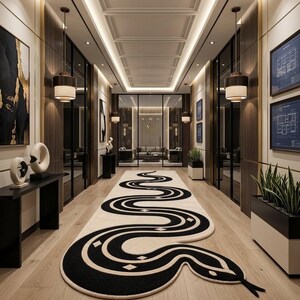 Puede incluir: Un pasillo largo con una alfombra de pasillo color crema que presenta un gran patrón negro con forma de serpiente sinuosa. El pasillo está revestido con paneles de madera oscura, mesas consola negras, esculturas abstractas, plantas y planos.