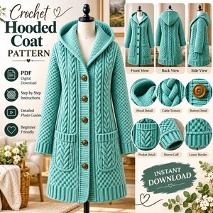 May include: A teal crochet hooded coat pattern featuring a textured cable knit design, a hood, long sleeves, and five brown buttons. The image displays front, back, and side views, along with close-up details of the hood, cable texture, buttons, pockets, sleeve cuffs, and lower border.
