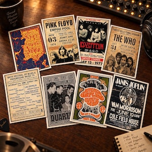 May include: A collection of eight rectangular vintage-style music concert posters featuring bands like Pink Floyd, Led Zeppelin, The Who, and Janis Joplin. The posters display various graphic designs, band photography, event dates, and venue information.