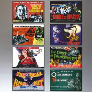 May include: A set of eight rectangular magnets featuring vintage horror movie posters including Taste the Blood of Dracula, The Brides of Dracula, Dracula A.D. 1972, Trog, Hands of the Ripper, The Curse of Frankenstein, The Devil Rides Out, and The Quatermass Xperiment.