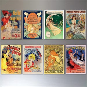 Może przedstawiać: Zestaw ośmiu prostokątnych magnesów z plakatami w stylu vintage art nouveau. Wzory obejmują reklamy Halle aux Chapeaux, Grosse Deutsche Gartenbau-Ausstellung, Bières du Croissant, Monaco-Monte-Carlo, Casino de Paris, Bagnères de Luchon, L'Ermitage oraz Taverne Olympia.