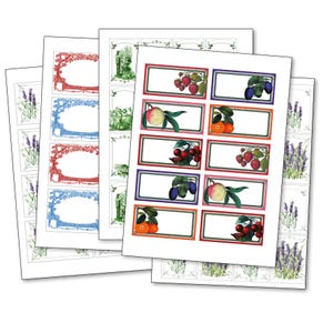 May include: A collection of printable sheets featuring rectangular labels with botanical illustrations of strawberries, plums, peaches, cherries, and oranges, alongside sheets with lavender sprigs and decorative red or blue ornate frames.