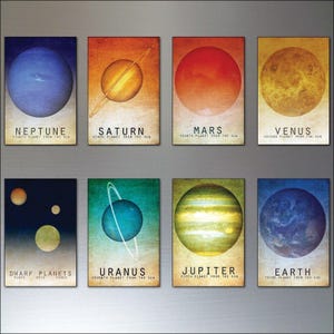 Könnte beinhalten: Ein Set aus acht rechteckigen Magneten mit Abbildungen von Planeten und Zwergplaneten. Jeder Magnet zeigt einen Himmelskörper mit seinem Namen und seiner Position zur Sonne, darunter Neptun, Saturn, Mars, Venus, Zwergplaneten, Uranus, Jupiter und Erde.